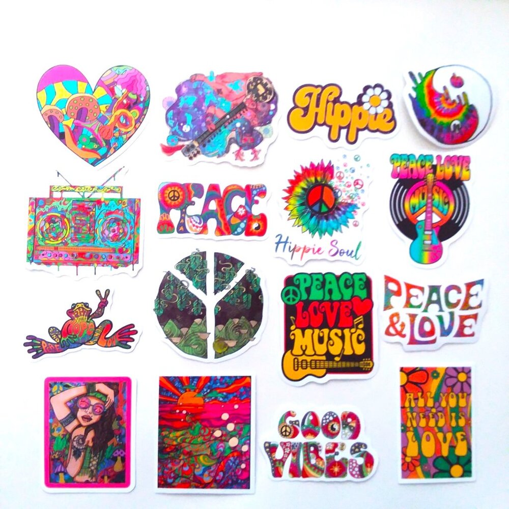 Stickers Hippie Peace lot of 16  Water Bottle Laptop Luggage Crafts Trippy Music